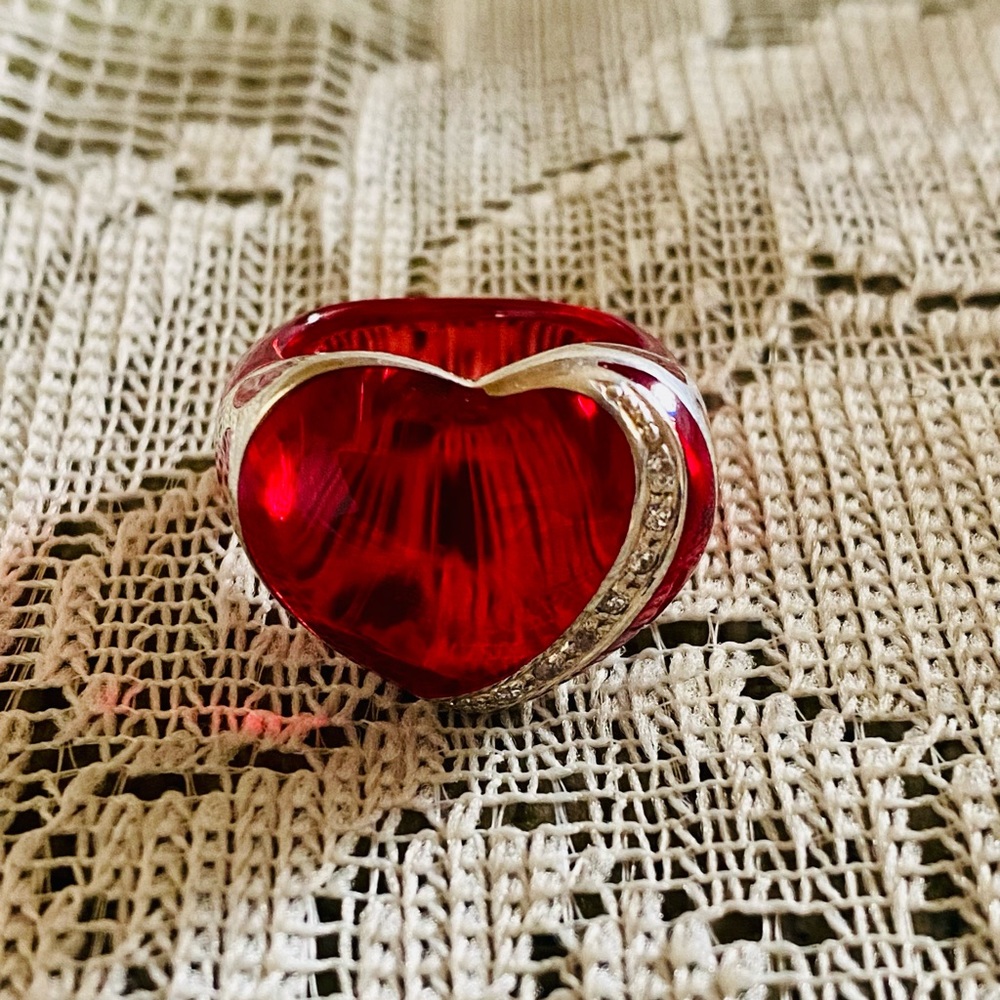 Stunning Sterling &Red Resin Dome Ring Moons and Stars Inlay Angelique de Paris